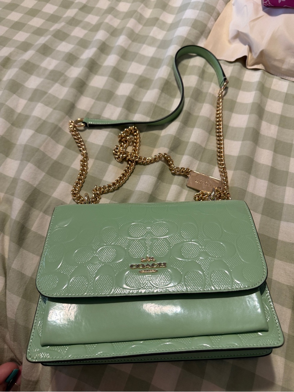 Coach Mint Green Patent Leather Logo Crossbody Bag with Gold Chain